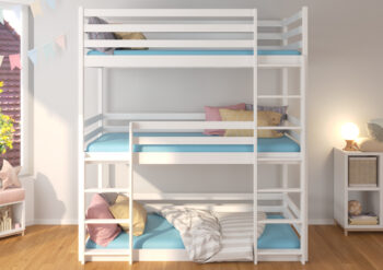 Unikátny kúsok v podobe drevenej trojposchodovej postele s matracmi TAREVO 80x180 cm je veľmi praktický, funkčný kúsok, ktorý si nájde uplatnenie v menších priestoroch, na chalupách či iných miestach, kde bude šetriť miesto. Konštrukcia postele je veľmi pevná a stabilná, vyrobená z kvalitného…