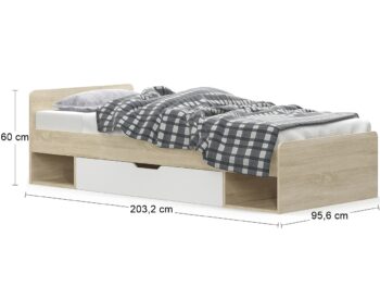Užívajte si pokojný spánok a ničím nerušené sny s jednolôžkovou posteľou s roštom TAVIR 90 90x200 cm. Posteľ Vám okrem pohodlného lôžka s plochou na spanie s rozmerom 90x200 cm ponúka aj praktický úložný priestor, napríklad na odloženie posteľnej bielizne. Dokonalá kombinácia farieb dub sonoma…