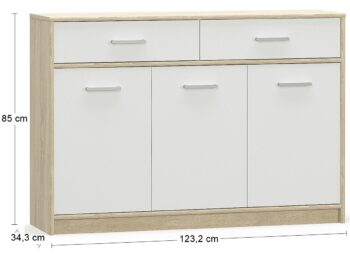 Dovoľte jednoduchosti a elegancii trojdverovej komody so zásuvkami TAVIR CH-2DRWS3D vyniknúť a zútulniť Váš domov. Dokonalá súhra farieb navodí to správne teplo domova. Kombinácia farebného prevedenia dub sonoma / biela, je veľmi obľúbené a často vyhľadávané. Komoda pozostáva z dvoch zásuviek,…