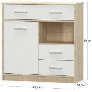 Dovoľte jednoduchosti a elegancii jednodverovej komody so zásuvkami TAVIR CH-3DRWS1D vyniknúť a zútulniť Váš domov. Dokonalá súhra farieb navodí to správne teplo domova. Kombinácia farebného prevedenia dub sonoma / biela, je veľmi obľúbené a často vyhľadávané. Komoda pozostáva z troch zásuviek,…