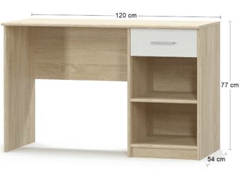 Písací stôl TAVIR D-1DRW zútulní Váš domov svojou jednoduchosťou a eleganciou. Stôl Vám okrem priestrannej pracovnej dosky ponúkne aj praktickú zásuvku a otvorenú skrinku predelenú policou. Dokonalá kombinácia farieb dub sonoma / biela je veľmi obľúbená, často vyhľadávaná a ich dokonalá súhra…