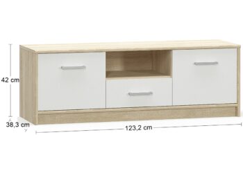 TV stolík TAVIR TV-1DRW2D zútulní Váš domov svojou jednoduchosťou a eleganciou. Stolík Vám okrem priestrannej vrchnej dosky ponúkne aj dve uzavreté skrinky s dvierkami, jednu zásuvku a nad ňou otvorený úložný priestor na uloženie napríklad seto-boxu. Dokonalá kombinácia farieb dub sonoma / biela je…
