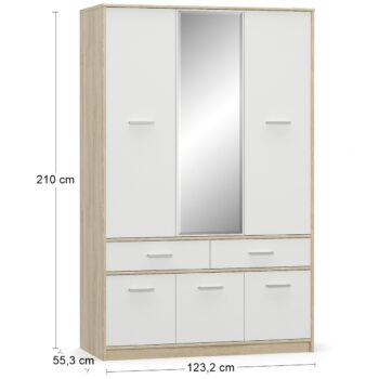 Elegancia a jednoduchosť šesťdverovej šatníkovej skrine so zásuvkami TAVIR W-6D2DRWS v sebe ukrýva množstvo úložného priestoru. Skriňa je šesťdverová, pričom za vrchnými dvierkami sa ukrýva vešiaková tyč a za dvierkami v spodnej časti sa nachádza úložný priestor predelený policou. Dokonalá súhra…