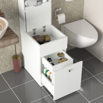 Moderná a praktická kúpeľňová skrinka TENESSI je ideálna do kúpeľne či WC a bude vašim praktickým každodenným pomocníkom. Skriňa obsahuje regál do ktorého viete uložiť čistiace prostriedky, či iné predmety. Taktiež disponuje dvoma zásuvkami a aj úložným priestorom skrytým pod výklopom.Farebné prevedenie: biela matnáMateriál: 18 mm LTDRozmery: š39,6 x v167,8 x h52,2 cm (ostatné rozmery v nákrese)Dodávame v demonte.  