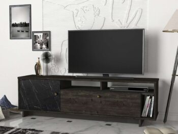 Predstavujeme TERMA, TV stolík, ktorý prináša do vašej obývačky luxusný a moderný dizajn. Tento štýlový nábytok v kombinácii tmavo hnedej a mramorovej farby je navrhnutý tak, aby poskytoval praktické a estetické riešenie pre vaše multimediálne zariadenia a ďalšie potreby.Detailné špecifikácieTyp tovaru: TV stolíkMateriál: Kvalitná LTD s hrúbkou materiálu 18 mm, zaisťujúca odolnosť a dlhú životnosť.Rozmery: 47.4 x 140 x 34.8 cm, ideálny pre moderné obývacie priestory.Farba: Elegantná kombinácia tmavo hnedej a mramorovej, ktorá dodáva priestoru luxusný a sofistikovaný vzhľad.Vybavenie: Regálka a 2 skrinky, poskytujúce dostatok úložného priestoru pre elektroniku, knihy alebo dekorácie.Dodatočné informácie: Produkt je dodávaný v demontovanom stave, čo uľahčuje transport a montáž.TV stolík TERMA je ideálnou voľbou pre tých, ktorí hľadajú luxusný a funkčný nábytok s elegantným vzhľadom. Jeho kombinácia tmavo hnedej a mramorovej farby a minimalistický dizajn prinášajú do vášho domova sviežosť a moderný štýl, zatiaľ čo poskytujú dostatok úložného priestoru pre všetky vaše potreby.