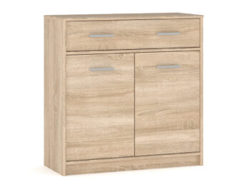 Komoda TEYO 2D1S je dvojdverová komoda so zásuvkou, ktorú možno kombinovať s ostatnými prvkami z modelovej rady Teyo. Systém Teyo je moderná sektorová zostava, ktorú je vhodné umiestniť do detskej či študentskej izby. Zostava je vyrobená z laminovanej DTD vo farebnom prevedení dub sonoma.