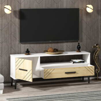 TV stolík TOPAS - elegantný a praktický doplnok pre vašu obývaciu izbuTV stolík TOPAS je ideálnou voľbou pre tých, ktorí hľadajú moderné a funkčné riešenie do svojej obývačky. Jeho kompaktný dizajn ponúka dostatok úložného priestoru bez toho, aby zaberal príliš miesta.Vyrobený z kvalitného LTD materiálu s hrúbkou 18 mm, TV stolík TOPAS je zárukou pevnosti a dlhej životnosti. Stolík je vybavený skrinkou s jednými dvierkami a jednou zásuvkou, čo zaisťuje dostatočný priestor na uloženie vašich multimediálnych zariadení a ďalších potrebností. Plastové úchytky umožňujú ľahké otváranie a zatváranie, zatiaľ čo jeho minimalistický dizajn sa hodí do každého moderného interiéru.Hlavné vlastnosti produktu:Typ tovaru: TV stolíkVhodné do miestnosti: obývacia izbaMateriál: LTDRozmery: 48.2 x 120 x 29.6 cmFarba: biela + dubVybavenie: skrinka a 1 zásuvkaPočet dvierok: 1Úchytky: plastDodatočné informácie: Dodávame v demonte, plastové nožičkyTV stolík TOPAS je dodávaný v demontovanom stave, čo uľahčuje jeho prepravu a montáž. Plastové nožičky zaisťujú stabilitu a chránia vašu podlahu pred poškriabaním.