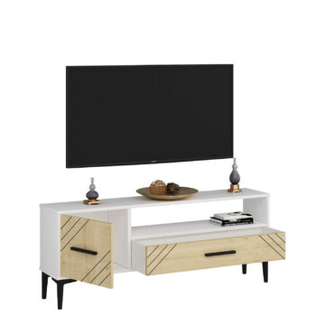 TV stolík TOPAS - elegantný a praktický doplnok pre vašu obývaciu izbuTV stolík TOPAS je ideálnou voľbou pre tých, ktorí hľadajú moderné a funkčné riešenie do svojej obývačky. Jeho kompaktný dizajn ponúka dostatok úložného priestoru bez toho, aby zaberal príliš miesta.Vyrobený z kvalitného LTD materiálu s hrúbkou 18 mm, TV stolík TOPAS je zárukou pevnosti a dlhej životnosti. Stolík je vybavený skrinkou s jednými dvierkami a jednou zásuvkou, čo zaisťuje dostatočný priestor na uloženie vašich multimediálnych zariadení a ďalších potrebností. Plastové úchytky umožňujú ľahké otváranie a zatváranie, zatiaľ čo jeho minimalistický dizajn sa hodí do každého moderného interiéru.Hlavné vlastnosti produktu:Typ tovaru: TV stolíkVhodné do miestnosti: obývacia izbaMateriál: LTDRozmery: 48.2 x 120 x 29.6 cmFarba: biela + dubVybavenie: skrinka a 1 zásuvkaPočet dvierok: 1Úchytky: plastDodatočné informácie: Dodávame v demonte, plastové nožičkyTV stolík TOPAS je dodávaný v demontovanom stave, čo uľahčuje jeho prepravu a montáž. Plastové nožičky zaisťujú stabilitu a chránia vašu podlahu pred poškriabaním.