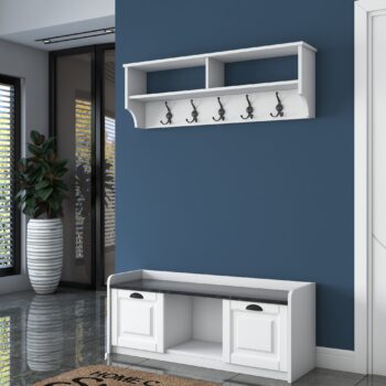 Predsieňová zostava TOVELO – elegantné a funkčné riešenie pre vašu predsieňPredsiňová zostava TOVELO je ideálnou voľbou pre každú modernú predsieň. S čistým dizajnom v bielej farbe a praktickým usporiadaním prináša do priestoru nielen estetiku, ale aj funkčnosť. Kombinuje botník a závesný vešiak s policou, čo zaisťuje maximálne využitie priestoru.Hlavné vlastnosti predsieňovej zostavy TOVELO:Materiál: kvalitný melamín a VT laminát – odolný a ľahko udržiavateľný.Membránové MDF dvierka, ktoré dodávajú elegantný vzhľad.Rozmery: 45 x 120 x 40 cm – kompaktná a praktická veľkosť.Farba: čisto biela, ktorá sa ľahko zladí s akýmkoľvek interiérom.Zostava obsahuje:Botník: praktický úložný priestor pre obuv.Závesný vešiak s policou: ideálny na odkladanie kabátov, tašiek alebo klobúkov.Dodávame v demontovanom stave s prehľadným montážnym návodom.Predsiňová zostava TOVELO kombinuje jednoduchosť s praktickosťou a je ideálnym riešením pre udržanie poriadku vo vašej predsieni. Jej čistý design zanechá skvelý prvý dojem na každého návštevníka.Vylepšite svoju predsieň s elegantnou a praktickou zostavou TOVELO!
