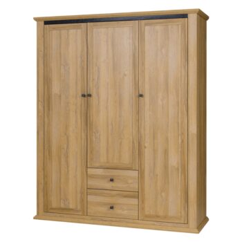Na modernej vlne prichádza trojdverová šatníková skriňa LEON MZ3. Jej rozmery sú (ŠxHxV): 165x54x200 cm. Zdobia ju skromné, ale elegantné kovové úchytky. Stredná časť skrine ukrýva police, na bočných stranách nájdete vešiakové tyče. Provensálsky sektorový nábytok LEON Vám pomôže zariadiť si domov…
