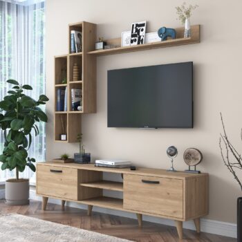 Obývacia stena TRUMPET – elegantné riešenie pre modernú obývaciu izbuObývacia stena TRUMPET je štýlovým a praktickým doplnkom, ktorý pozdvihne vzhľad vašej obývačky. Vyrobená z kvalitného melamínu a VT laminátu v dekore orecha, prináša do interiéru prírodnú eleganciu a teplý vzhľad. Zostava zahŕňa praktické úložné aj vystavovacie priestory, ktoré vám pomôžu vytvoriť organizovaný a estetický domov.Hlavné vlastnosti obývacej steny TRUMPET:Materiál: melamín a VT laminát – odolný povrch, ktorý sa ľahko čistí a udržuje.Rozmery: 48,3 x 180 x 35 cm – kompaktné, ale priestranné riešenie pre rôzne potreby.Farba: orech – prírodný dekor, ktorý dodáva interiéru teplý a sofistikovaný vzhľad.Zostava obsahuje:TV stolík: 180 x 35 x 48,3 cm – dostatok miesta pre televíziu a ďalšie príslušenstvo.2 nástenné regály: 22,1 x 18,5 x 90 cm – ideálny pre knihy, dekorácie alebo rastliny.Nástenná polica: 135,8 x 13 x 15 cm – praktický priestor na vystavenie dekoratívnych predmetov.Hrúbka materiálu: 18 mm – pevná konštrukcia zaisťujúca dlhú životnosť.Možnosť pripevnenia k stene pre väčšiu bezpečnosť a stabilitu.Dodávame v demontovanom stave s prehľadným montážnym návodom.Obývacia stena TRUMPET ponúka dokonalú kombináciu funkčnosti a dizajnu, čím sa stáva nepostrádateľnou súčasťou každej modernej obývacej izby.Vyberte si obývaciu stenu TRUMPET – štýlový a praktický doplnok pre váš domov!