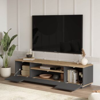 FREY 7 - Moderný televízny stolík Objavte elegantný a dizajnový televízny stolík FREY 7, ideálny pre každú obývaciu izbu, kanceláriu alebo pracovňu. Jeho moderný vzhľad a kvalitné prevedenie dodajú vášmu interiéru nádych sofistikovanosti.  Typ tovaru: stolík TV Materiál: LTD s hrúbkou 18 mm Rozmery: 180 x 44,5 x 44,6 cm Farba: kombinácia borovice a šedé Vybavenie: 3 dverové s plnými dvierkami a praktické odkladacie police Štýl: moderné a dizajnové < li>Tvar: obdĺžnikový a rovný  Kvalitné materiály a precízne spracovanie zaručujú dlhú životnosť a funkčnosť produktu. FREY 7 bude skvelým doplnkom k vašej súčasnej alebo budúcej domácnosti. Nechajte svoj televízor spočinúť na stole, ktorý zaujme nielen svojim dizajnom, ale aj praktickosťou.
