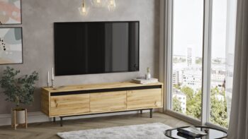 LEVY 1 - Moderný stredobod vášho obývacieho priestoru LEVY 1 je televízny stolík, ktorý stelesňuje najnovšie trendy v dizajne nábytku. S kombináciou kvalitných materiálov a sofistikovaného dizajnu je táto jednotka dokonalým doplnkom pre každý moderný interiér.  Typ tovaru: Stolík TV Materiál : Kvalitný LTD doplnený kovovými detailmi v čiernej farbe Rozmer: 160 x 35,5 x 45,15 cm - ideálne rozmery pre väčšinu televízorov na trhu Farba: Elegancia duba Left v kombinácii s čiernou farbou pre luxusný vzhľad Vybavenie: 3 plné dvierka (skrinky) ponúkajú dostatok úložného priestoru pre vaše multimediálne zariadenia a doplnky Štýl: Moderné a dizajnové - dokonalý výber pre tých, ktorí hľadajú aktuálne a trendy nábytok Tvar:< /strong> Klasický obdĺžnikový tvar s rovným povrchom sa ľahko zaradí do rôznych priestorov Hrúbka materiálu: 18 mm zaručuje odolnosť a dlhú životnosť   Televízny stolík LEVY 1 je nielen praktickým kúskom nábytku, ale aj výrazným dizajnovým prvkom. Jeho jednoduchosť, kombinovaná s výraznými detailmi, z neho robí stredobod každej modernej obývacej izby alebo kancelárie.
