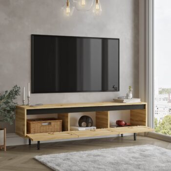 LEVY 1 - Moderný stredobod vášho obývacieho priestoru LEVY 1 je televízny stolík, ktorý stelesňuje najnovšie trendy v dizajne nábytku. S kombináciou kvalitných materiálov a sofistikovaného dizajnu je táto jednotka dokonalým doplnkom pre každý moderný interiér.  Typ tovaru: Stolík TV Materiál : Kvalitný LTD doplnený kovovými detailmi v čiernej farbe Rozmer: 160 x 35,5 x 45,15 cm - ideálne rozmery pre väčšinu televízorov na trhu Farba: Elegancia duba Left v kombinácii s čiernou farbou pre luxusný vzhľad Vybavenie: 3 plné dvierka (skrinky) ponúkajú dostatok úložného priestoru pre vaše multimediálne zariadenia a doplnky Štýl: Moderné a dizajnové - dokonalý výber pre tých, ktorí hľadajú aktuálne a trendy nábytok Tvar:< /strong> Klasický obdĺžnikový tvar s rovným povrchom sa ľahko zaradí do rôznych priestorov Hrúbka materiálu: 18 mm zaručuje odolnosť a dlhú životnosť   Televízny stolík LEVY 1 je nielen praktickým kúskom nábytku, ale aj výrazným dizajnovým prvkom. Jeho jednoduchosť, kombinovaná s výraznými detailmi, z neho robí stredobod každej modernej obývacej izby alebo kancelárie.