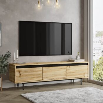 LEVY 1 - Moderný stredobod vášho obývacieho priestoru LEVY 1 je televízny stolík, ktorý stelesňuje najnovšie trendy v dizajne nábytku. S kombináciou kvalitných materiálov a sofistikovaného dizajnu je táto jednotka dokonalým doplnkom pre každý moderný interiér.  Typ tovaru: Stolík TV Materiál : Kvalitný LTD doplnený kovovými detailmi v čiernej farbe Rozmer: 160 x 35,5 x 45,15 cm - ideálne rozmery pre väčšinu televízorov na trhu Farba: Elegancia duba Left v kombinácii s čiernou farbou pre luxusný vzhľad Vybavenie: 3 plné dvierka (skrinky) ponúkajú dostatok úložného priestoru pre vaše multimediálne zariadenia a doplnky Štýl: Moderné a dizajnové - dokonalý výber pre tých, ktorí hľadajú aktuálne a trendy nábytok Tvar:< /strong> Klasický obdĺžnikový tvar s rovným povrchom sa ľahko zaradí do rôznych priestorov Hrúbka materiálu: 18 mm zaručuje odolnosť a dlhú životnosť   Televízny stolík LEVY 1 je nielen praktickým kúskom nábytku, ale aj výrazným dizajnovým prvkom. Jeho jednoduchosť, kombinovaná s výraznými detailmi, z neho robí stredobod každej modernej obývacej izby alebo kancelárie.