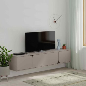 TV Stolík SINESHA: Elegancia v odtieni svetlá mocca pre Vašu obývačku Obohaťte svoju obývačku o špičkový dizajn s TV stolom SINESHA. Jeho sofistikovaná farba svetlá mocca pridá vášmu interiéru nádych luxusu a tepla.  Typ tovaru: TV stolík < strong>Materiál: Kvalitný melamín a VT laminát Rozmery: 35 x 180 x 35.6 cm Farba: Elegantné svetlá mocca Vybavenie: 4 plné dvierka ponúkajúce dostatok úložného priestoru Tvar: Klasický obdĺžnikový a rovný dizajn Hrúbka materiálu: Pevných 18mm  Dajte svojej obývačke nový rozmer s TV stolom SINESHA v odtieni svetlá mocca!