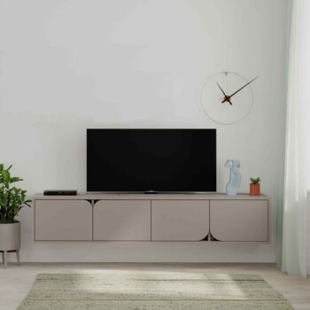 TV Stolík SINESHA: Elegancia v odtieni svetlá mocca pre Vašu obývačku Obohaťte svoju obývačku o špičkový dizajn s TV stolom SINESHA. Jeho sofistikovaná farba svetlá mocca pridá vášmu interiéru nádych luxusu a tepla.  Typ tovaru: TV stolík < strong>Materiál: Kvalitný melamín a VT laminát Rozmery: 35 x 180 x 35.6 cm Farba: Elegantné svetlá mocca Vybavenie: 4 plné dvierka ponúkajúce dostatok úložného priestoru Tvar: Klasický obdĺžnikový a rovný dizajn Hrúbka materiálu: Pevných 18mm  Dajte svojej obývačke nový rozmer s TV stolom SINESHA v odtieni svetlá mocca!