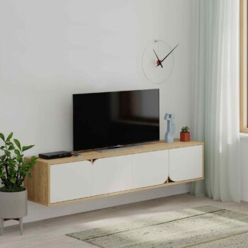 TV Stolík SINESHA: Elegancia duba spojená s čistotou bielej Uvítate hostí s hrdosťou pri pohľade na TV stolík SINESHA. Jeho jedinečná kombinácia duba a bielej prináša nádych modernej elegancie do vašej obývačky.  Materiál: Vysoká odolnosť vďaka melamínu a VT laminátu zaistí, že stolík vydrží v perfektnom stave po mnoho rokov. Rozmery: S rozmermi 35 x 180 x 35.6 cm ponúka ideálnu rovnováhu medzi kompaktnosťou a dostatočným úložným priestorom. Farba:< /strong> Prírodný tón duba v harmónii s čistou bielou tvorí nadčasovú kombináciu, ktorá sa hodí do rôznych interiérov. Vybavenie: Štyri plné dvierka skrývajú a chránia vaše multimediálne zariadenia a zároveň poskytujú elegantný vzhľad. Tvar: Obdĺžnikový a rovný dizajn zaručuje univerzálnosť a jednoduché začlenenie do vášho obývacieho priestoru. Hrúbka materiálu: 18mm hrúbka garantuje stabilitu a dlhú životnosť tohto luxusného kúsku nábytku.  Či už je váš interiér moderný, minimalistický alebo tradičný, TV stolík SINESHA prinesie do vášho domova nádych luxusu a funkčnosti.
