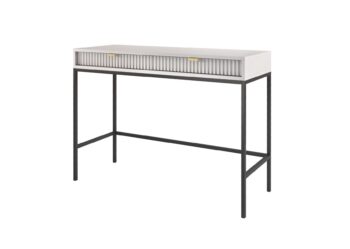 Dizajnový sektor NEW dodá Vašej obývacej miestnosti štýl. Pri sektore NEW sú použité najnovšie trendy v dizajne nábytku a kvalitný materiál. Korpus je vyrobený z 16mm LTD odolnej voči poškriabaniu, na dvierkach je použitá 18mm MDF riflovaná doska a úchyty sú hliníkové v zlatom farebnom prevedení. Všetky hrany sektoru NEW sú chránené ABS páskou.Toaletný stolík T104 má dve zásuvky. Materiál: 16mm LTD, ABS hrany, hliníkové zlaté úchyty, 18mm MDF riflovaná doska na dvierkachRozmer (ŠxVxH) : 104 x 78 x 50 cmVýška nožičiek: 20 cm Farebné prevedenie : sivýDodávame v demonte.