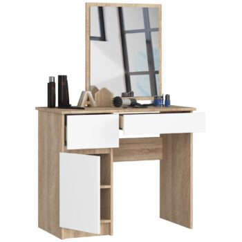 Toaletný stolík PAVEL500L: Elegancia v kombinácii duba Sonoma a bielej Predstavujeme vám PAVEL500L, toaletný stolík, ktorý dokonale spája klasickú eleganciu s moderným dizajnom. S kombináciou farby dub Sonoma a bielej sa stane neprehliadnuteľným klenotom vašej spálne, pričom ponúkne aj praktické riešenie pre vašu každodennú prípravu.  Materiál: LTD – záruka kvality a dlhej životnosti . Rozmery: Optimalizované rozmery 142 x 90 x 50 cm pre dostatok priestoru pre vaše potreby. Farba: Kombinácia duba Sonoma a bielej dodáva stolčeku nezameniteľný vzhľad. Vybavenie: Obsahuje dve zásuvky pre vaše kozmetické potreby, dvierka plné (skrinka) pre väčšie predmety a kvalitné zrkadlo pre dokonalý pohľad. Počet políc: Dve police pre flexibilný úložný priestor.  Ľavé prevedenie. PAVEL500L je toaletný stolík, ktorý nielen splní všetky vaše očakávania z praktického hľadiska, ale zároveň prinesie do vášho interiéru kúsok luxusu. Vaša spálňa si zaslúži to najlepšie!