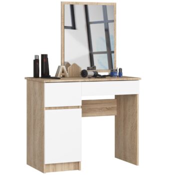 Toaletný stolík PAVEL500L: Elegancia v kombinácii duba Sonoma a bielej Predstavujeme vám PAVEL500L, toaletný stolík, ktorý dokonale spája klasickú eleganciu s moderným dizajnom. S kombináciou farby dub Sonoma a bielej sa stane neprehliadnuteľným klenotom vašej spálne, pričom ponúkne aj praktické riešenie pre vašu každodennú prípravu.  Materiál: LTD – záruka kvality a dlhej životnosti . Rozmery: Optimalizované rozmery 142 x 90 x 50 cm pre dostatok priestoru pre vaše potreby. Farba: Kombinácia duba Sonoma a bielej dodáva stolčeku nezameniteľný vzhľad. Vybavenie: Obsahuje dve zásuvky pre vaše kozmetické potreby, dvierka plné (skrinka) pre väčšie predmety a kvalitné zrkadlo pre dokonalý pohľad. Počet políc: Dve police pre flexibilný úložný priestor.  Ľavé prevedenie. PAVEL500L je toaletný stolík, ktorý nielen splní všetky vaše očakávania z praktického hľadiska, ale zároveň prinesie do vášho interiéru kúsok luxusu. Vaša spálňa si zaslúži to najlepšie!