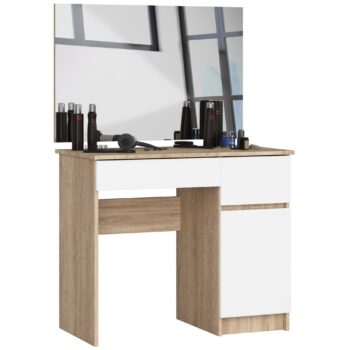 Toaletný stolík PAVEL900P: Moderná kombinácia dreva a elegancie  Predstavujeme PAVEL900P, toaletný stolík, ktorý kombinuje tradičný dub Sonoma s čistou bielou, čo ho robí dokonalým doplnkom pre každú modernú spálňu . Jeho výnimočný dizajn je navrhnutý tak, aby spĺňal estetické aj funkčné požiadavky dnešného bývania.   Typ tovaru: Toaletný stolík Vhodné do miestnosti: spálňa Materiál: LTD Rozmer: 142 x 90 x 50 cm Farba: dub Sonoma + biela  Vybavenie: 2 zásuvky, dvierka plné (skrinka) a zrkadlo Počet políc: 2  Pravé prevedenie.  Funkčnosť a estetika idú ruka v ruke s PAVEL900P. Jeho dve zásuvky a skrinka s plnými dvierkami ponúkajú dostatok úložného priestoru, zatiaľ čo zrkadlo dodáva praktický dotyk. Dve integrované poličky rozširujú jeho užitočnosť a umožňujú vám mať všetko, čo potrebujete, po ruke.