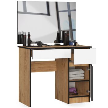 Toaletný stolík PAVEL900P: Moderná elegancia v odtieni duba craft a bielej  Introdukujeme PAVEL900P - toaletný stolík, ktorý skvele kombinuje teplé tóny duba craft s čistým bielym dizajnom. Tento nábytok sa stane výrazným kúskom v každej spálni vďaka jeho sofistikovanej estetike a praktickosti.   Typ tovaru: Toaletný stolík Vhodné do miestnosti: spálňa Materiál: LTD Rozmer: 142 x 90 x 50 cm Farba: dub craft + biela  Vybavenie: 2 zásuvky, dvierka plné (skrinka) a zrkadlo Počet políc: 2  Pravé prevedenie.  PAVEL900P je navrhnutý s dôrazom na detaily. Dve zásuvky a priestranná skrinka s plnými dvierkami ponúkajú dostatok úložného priestoru pre všetky vaše kozmetické potreby. Integrované zrkadlo dokončuje jeho elegantný vzhľad, zatiaľ čo dve poličky umožňujú jednoduchú organizáciu vašich obľúbených doplnkov.