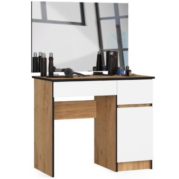 Toaletný stolík PAVEL900P: Moderná elegancia v odtieni duba craft a bielej  Introdukujeme PAVEL900P - toaletný stolík, ktorý skvele kombinuje teplé tóny duba craft s čistým bielym dizajnom. Tento nábytok sa stane výrazným kúskom v každej spálni vďaka jeho sofistikovanej estetike a praktickosti.   Typ tovaru: Toaletný stolík Vhodné do miestnosti: spálňa Materiál: LTD Rozmer: 142 x 90 x 50 cm Farba: dub craft + biela  Vybavenie: 2 zásuvky, dvierka plné (skrinka) a zrkadlo Počet políc: 2  Pravé prevedenie.  PAVEL900P je navrhnutý s dôrazom na detaily. Dve zásuvky a priestranná skrinka s plnými dvierkami ponúkajú dostatok úložného priestoru pre všetky vaše kozmetické potreby. Integrované zrkadlo dokončuje jeho elegantný vzhľad, zatiaľ čo dve poličky umožňujú jednoduchú organizáciu vašich obľúbených doplnkov.
