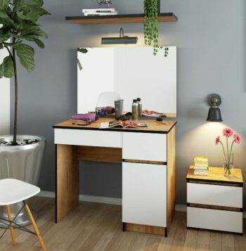 Toaletný stolík PAVEL900P: Moderná elegancia v odtieni duba craft a bielej  Introdukujeme PAVEL900P - toaletný stolík, ktorý skvele kombinuje teplé tóny duba craft s čistým bielym dizajnom. Tento nábytok sa stane výrazným kúskom v každej spálni vďaka jeho sofistikovanej estetike a praktickosti.   Typ tovaru: Toaletný stolík Vhodné do miestnosti: spálňa Materiál: LTD Rozmer: 142 x 90 x 50 cm Farba: dub craft + biela  Vybavenie: 2 zásuvky, dvierka plné (skrinka) a zrkadlo Počet políc: 2  Pravé prevedenie.  PAVEL900P je navrhnutý s dôrazom na detaily. Dve zásuvky a priestranná skrinka s plnými dvierkami ponúkajú dostatok úložného priestoru pre všetky vaše kozmetické potreby. Integrované zrkadlo dokončuje jeho elegantný vzhľad, zatiaľ čo dve poličky umožňujú jednoduchú organizáciu vašich obľúbených doplnkov.