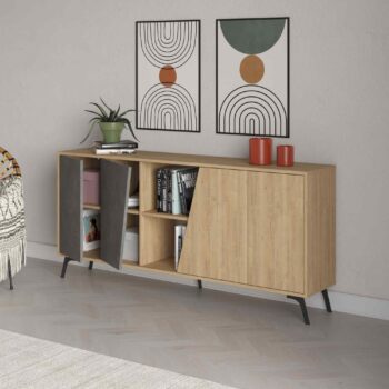 Komoda LIVIA 180 v dubovej a retro šedej farbeZoznámte sa s LIVIA 180 - komodou, ktorá prináša kombináciu tradičného dubu a modernej retro šedej. Ideálny doplnok pre vašu obývaciu izbu či predsieň, kde vynikne jeho elegantný dizajn.Typ tovaru: KomodaMateriál: Melamín, VT laminát, podob. a kovRozmer: 82 x 180 x 35.6 cmFarba: Dub + retro siváVybavenie: 2 plné dvierka (skrinka)Tvar: Obdĺžnikový, rovnýHrúbka materiálu: 18mmDodatočné informácie: Lesklý kovKomoda LIVIA 180 okrem svojho vzhľadu ponúka aj praktickosť vďaka dvom plným dvierkam. Lesklé kovové detaily dokresľujú jeho exkluzívny charakter a robia z neho neprehliadnuteľný kúsok nábytku.