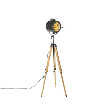 Trojnohý stojaca lampa čierna s dreveným štúdiovým svetlom - Radient