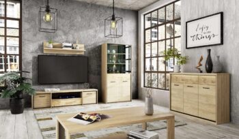 Elegantná vitrína VALERIAN M-4 v industriálnom štýle je jedinečnou kombináciou jednodverovej skrinky v spodnej časti a presklenej vitríny v hornej časti. Teplá svetlá farba nábytku  sa hodí do každého interiéru, čierne lemovanie v podobe lamiel dokonale ladí s čiernymi kovovými úchytmi. Zásuvka v spodnej časti je bez úchytov, použitý je moderný spôsob otvárania push to open. Čelo zásuvky je zdobené dekoratívnou dubovou doskou.Na zvýraznenie efektu vitríny odporúčame dokúpiť LED osvetlenie zásuvky a políc, ktoré nie sú v cene vitríny. Nábytok disponuje ABS hranami a má tiché dovieranie. Farebné prevedenie dub hikora.Rozmery (ŠxVxH): 49,2 x 197 x 41 cm.K vitríne je možné dokúpiť 10 cm vysoké čierne nábytkové nožičky.Dodávame v demonte.  