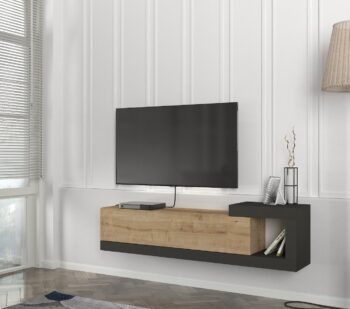 Moderný a štýlový TV stolík VELIERO vás oslový svojim moderným a minimalistickým dizajnom a priaznivou cenou. Je ideálny do moderne zariadených priestorov a vďaka závesnému systému pôsobí vzdušne a štýlovo. TV skrinka poskytuje dostatok úložného priestoru vo forme výklopnej skrinky a malej otvorenej police.Farebné prevedenie: šedý antracit / sapphireMateriál: kvalitné 18 mm LTD hranené PVC páskouRozmery TV stolíka: (š/v/h) 150 x 38,6 x 29,6 cm Dodávame v demonte.