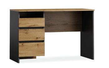 Písací stolík je v jednoduchom prevedení. Je vhodný do detskej izby či pracovne. Disponuje tromi praktickými zásuvkami. Stolík je vyrobený z kvalitných LTD dosiek, ktoré sa jednoducho udržiavajú. Farebné prevedenie stolíka je v kombinácii dub Wotan a antracit.Rozmery (š,v,h): 120 x 77 x 55 cm.Dodávame v demontovanom stave.