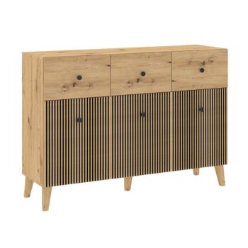 Nábytok VENEZA je charakteristický frézovanými prednými časťami, minimalistickými úchytkami a dizajnovými vysokými nožičkami. Tento estetický sektorový nábytok je v modernom dizajnovom prevedení, vhodný do moderných interiérov. Vďaka viacerým prvkom VENEZA si poskladáte vašu obývačku podľa predstáv.Kombinovaná komoda je vyrobená z kvalitných LTD dosiek, ktoré sa jednoducho udržiavajú. Komoda je trojdverová, disponuje tromi zásuvkami.Farebné prevedenie: dub Artisan, čierna.Rozmery:šírka: 135 cmvýška: 95 cmhĺbka: 42 cmDodávame v demontovanom stave.