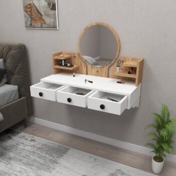 Závesný toaletný stolík VERMONT – Vintage elegancia a praktické riešenie pre vašu spálňuToaletný stolík VERMONT prináša kúzlo vintage a retro štýlu do vášho interiéru. Tento závesný stolík ponúka praktické vybavenie v podobe troch zásuviek, regálku a zrkadla, čo z neho robí perfektnú voľbu pre každodennú starostlivosť. Jeho elegantný dizajn a úsporný závesný systém šetrí miesto a zároveň dodáva spálni jedinečný štýl.Hlavné vlastnosti produktu:Typ tovaru: Závesný toaletný stolíkVhodné do miestnosti: SpálňaMateriál: Melamín, VT laminátRozmery: 75 x 90 x 35 cmFarba: borovica Atlantic / bielaVybavenie: 3 zásuvky, regál a zrkadloŠtýl: Vintage a retroTvar: ObdĺžnikovýPočet osôb: Pre jednéhoHrúbka materiálu: 18 mmDodatočné informácie: Dodávame v demonteZávesný toaletný stolík VERMONT je ideálnou voľbou pre tých, ktorí hľadajú funkčný a štýlový nábytok do svojej spálne. Jeho vintage vzhľad a praktické usporiadanie z neho robí skvelý doplnok pre organizáciu vašich potrieb. Zaobstarajte si stolík VERMONT a vytvorte si krásny a funkčný kútik pre každodennú starostlivosť!