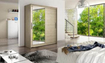 Šatníkovú skriňu VESNA VI dub sonoma vystihuje minimalistický, ale moderný dizajn a predovšetkým dostatok úložného priestoru, ktorý potrebujete na uloženie vašeho oblečenia a doplnkov. Skriňa má posuvné dvere so zrkadlom. V jej ľavej časti je vešiaková tyč a v pravej sú priestranné police. V hornej časti sa taktiež nachádza úložný priestor. Skriňu ponúkame aj v ďalších troch farebných prevedeniach. Je vyrobená z LTD dosky s hrúbkou 16 mm. Skriňa má tiež hliníkové ložiskové pojazdy Micra Servoll. Dodávame v demontovanom stave.Rozmery : š/h/v 150/58/200