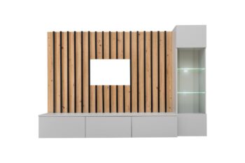 Moderná obývacia stena s dekoračným nástenným panelom. Nádherné nadčasové prevedenie sivá perla / dub artisan pôsobia príjemne.Obývacia stena sa otvára systémom push to open. Obsahuje vitrínu, panel a rtv stolík.Súčasťou je LED osvetlenie.Dodávame v demontovanom stave. 