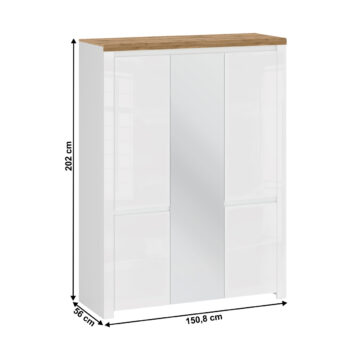 Predstavujeme vám modernú šatníkovú skriňu so zrkadlom Vilgo 5D, ktorá kombinuje elegantný biely lesk s prírodným vzhľadom dubu wotan. Táto štýlová skriňa je ideálnym riešením pre tých, ktorí hľadajú praktický a esteticky príjemný úložný priestor do svojho interiéru.