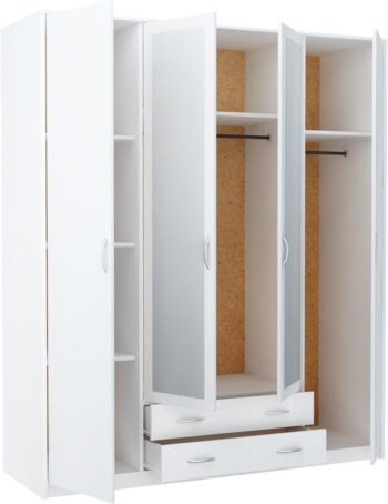 Klasická 4-dverová skriňa VILMA 4D2S je tvorená niekoľkými policami a 2-mi vešiakovými tyčami. Je vyrobená z kvalitnej LTD dosky, ktorá je ľahká na údržbu. Korpus skrine a takisto jej dvierka sú v obľúbenom farebnom prevedení biela.  K dispozícií máte 3 farebné prevedenia na výber. Na stredných dvierkach je vstavané veľké vertikálne zrkadlo.V spodnej časti skrine sú dve zásuvky. Pojazdy v zásuvkách sú kovové s plastovými koliečkami. Úchytky sú z plastu vo farbe alumínium oblého tvaru.Dodávame v demontovanom stave.