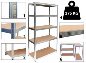 Skladový regál VITAS je skvelým riešením na udržanie poriadku v pivniciach, garážach, skladoch a predajniach. Je vyrobený z kvalitných materiálov ako je pozinkovaná oceľ a MDF dosky. Pevné police s maximálnou nosnosťou 175 kg zaručujú stabilitu a odolnosť. Bezskrutková montáž uľahčuje montáž regálu a nezaberie veľa času. Regál umožňuje ľubovoľnú konfiguráciu políc - otvory sú umiestnené po celej dĺžke. Dá sa tiež napríklad rozdeliť na dve menšie police alebo pracovné stoly (viď. obr.). Nohy stojana sú zaistené plastovými krytkami.Celková nosnosť regálu je až 875 kg! (s rovnomerným rozložením hmotnosti)Špecifikácia: max. nosnosť na policu: 175 kg (celkovo 875 kg na celý regál s rovnomerným rozložením hmotnosti)počet políc: 5materiál: pozinkovaná oceľ 0,65 mm, MDF doska 4 mmmontáž: bezskrutková (zalisovaná v priečnikoch)hmotnosť: 13 kgRozmery: rozmery celkové (výška/šírka/hĺbka): 180/90/30 cmrozmery police (šírka/dĺžka): 89,3/29,3 cmDodávame v demonte.