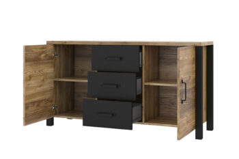 Obývací sektor VITTO to je kombinácia geometrických tvarov, zaujímavých detailov a farieb, ktoré Vám zabezpečia jedinečnú atmosféru industriálneho štýlu. Stavte na rozmanitú kolekciu nábytku a vytvorte si jedinečný interiér.Súčasťou sektoru VITTO je kombinovaná nízká komoda 26. Komoda má v strede tri šuplíky a po bokoch otváravé dvierka s úložnou policou. Komoda je vyrobená z veľmi kvalitného LTD materiálu.Komodu ponúkame v zaujímavom farebnom prevedení smrek appenzeller/čierny mat. Má elegantné úchytky čiernej farby.Rozmery:- šírka: 147 cm,- výška: 79 cm,- hĺbka: 43 cm.Dodávame v demonte, pričom montáž je veľmi jednoduchá.