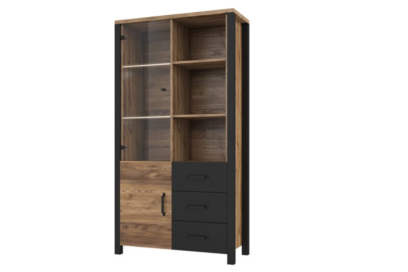 VITTO kombinovaná vysoká vitrína 13 Obývací sektor VITTO to je kombinácia geometrických tvarov, zaujímavých detailov a farieb, ktoré Vám zabezpečia jedinečnú atmosféru industriálneho štýlu. Stavte na rozmanitú kolekciu nábytku a vytvorte si jedinečný interiér.Súčasťou sektoru VITTO je kombinovaná vysoká vitrína 13. Vitrína má vrchnú časť presklennú, čo môžete využiť na uloženie pohárov a iných spomienkových predmetov. Pravá časť je doplnená o úložné police, čo Vám istotne poslúži na uloženie zbierky kníh. Dolná časť má otváravé dvierka s policou a tri zásuvné šuplíky. Vitrína je vyrobená z veľmi kvalitného LTD materiálu.Vitrínu ponúkame v zaujímavom farebnom prevedení smrek appenzeller/čierny mat. Má elegantné úchytky čiernej farby.K vitríne doporučujeme dokúpiť osvetlenie, viď doporučenia.Rozmery:- šírka: 101 cm,- výška: 191 cm,- hĺbka: 43 cm.Dodávame v demonte, pričom montáž je veľmi jednoduchá.