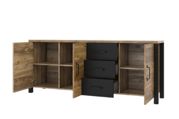 Obývací sektor VITTO to je kombinácia geometrických tvarov, zaujímavých detailov a farieb, ktoré Vám zabezpečia jedinečnú atmosféru industriálneho štýlu. Stavte na rozmanitú kolekciu nábytku a vytvorte si jedinečný interiér.Súčasťou sektoru VITTO je široká kombinovaná komoda 47. Komoda má v ľavej časti dve otváravé dvierka s dvoma úložnými policami. V pravej časti má tri šuplíky a otváravé dvierka s úložnou policou. Komoda je vyrobená z veľmi kvalitného LTD materiálu.Komodu ponúkame v zaujímavom farebnom prevedení smrek appenzeller/čierny mat. Má elegantné úchytky čiernej farby.Rozmery:- šírka: 192 cm,- výška: 79 cm,- hĺbka: 43 cm.Dodávame v demonte, pričom montáž je veľmi jednoduchá.