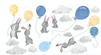 Veľká nálepka na stenu modro žltá zajačikova a balóny 100 x 200 cm