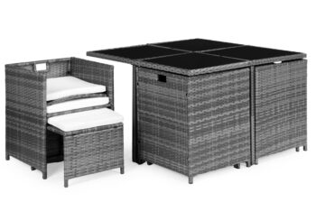 Veľký záhradný set nábytku v svetlosivej farbe – 4 kreslá, 4 taburetky a stôl