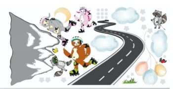 Veselá detská nálepka na stenu korčuliari na horách 80 x 160 cm