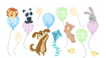 Veselá nálepka do detskej izby zvieratká na balónoch 100 x 200 cm