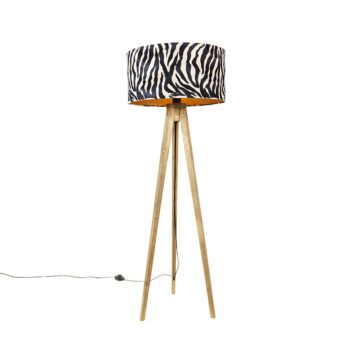 Vintage stojaca lampa drevený tienidlo zebra vzor 50 cm - Tripod Classic