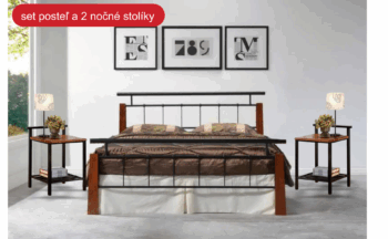 Výhodný set:  posteľ + nočné stolíky za skvelú cenu.Elegantná manželská posteľ HERO 180 je určená do štýlovej spálne. Posteľ poskytuje luxusnú plochu na spanie s rozmerom 180 x 200. Do tejto postele odporúčame dokúpiť matrac s rozmerom 180 x 200 alebo dva kusy s rozmerom 90 x 200 cm. Rošt je v cene postele. (viď. obr)Nočný stolík VD-275 v rustikálnom štýle. Stolík je vytvorený kombináciou čierneho kovu a dreva vo farbe antická čerešňa. Je vybavený praktickou odkladacou poličkou. Rozmer (v/š/h) 57 x 40 x 37 cm.Kombinácia kovu a masívneho dreva tvorí harmonické spojenie dvoch materiálov. Drevené časti majú farebný odtieň čerešňa antická, kov je čierny.Výška čela pri hlave je 103,7 cm, pri nohách 63 cm. Rošt je vo výške 27,6 cm.Dodávame v demontovanom stave.